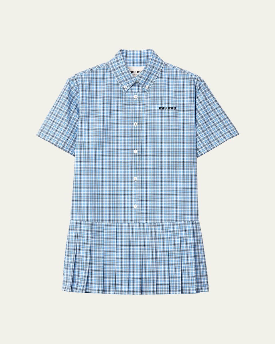 Check Short-Sleeve Pleated Mini Shirtdress